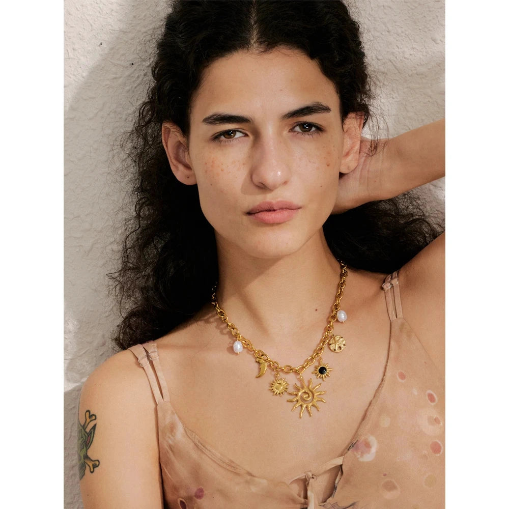 Trendy Starfish Moon Sun Shaped Pendant Charm Necklace Statement Stainless Steel Golden Chain Fashion Jewelry PVD Plated by PoisedMe