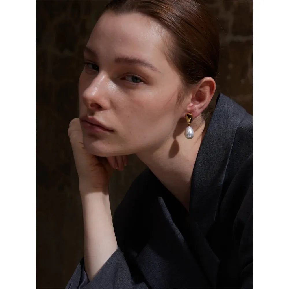 PoisedMe Simulated Pearls Geometric Drop Elegant Earrings Stylish Stainless Steel Versatile Daily Jewelry Gift -