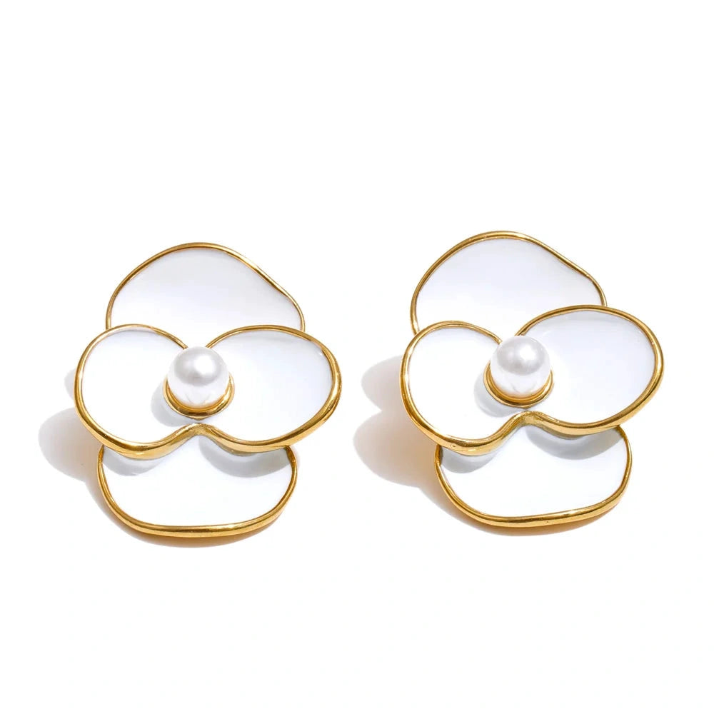 White Enamel Pearls Flower Stud Earrings for Women Golden Stainless Steel Daily Fashion Jewelry Recommend Gift by PoisedMe