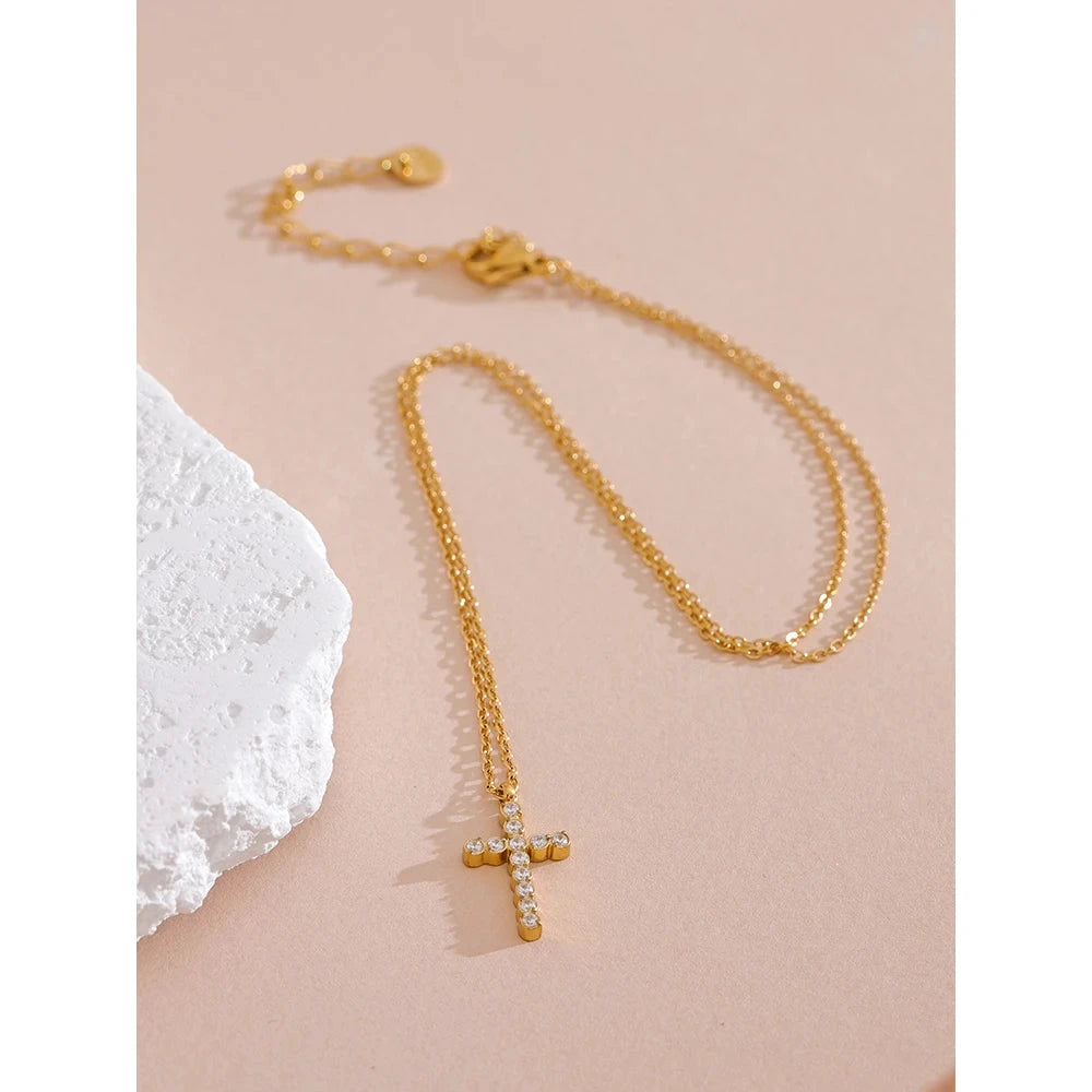 Cubic Zirconia Gold Cross Necklace | Stainless Steel Water-Resistant Pendant Jewelry by PoisedMe