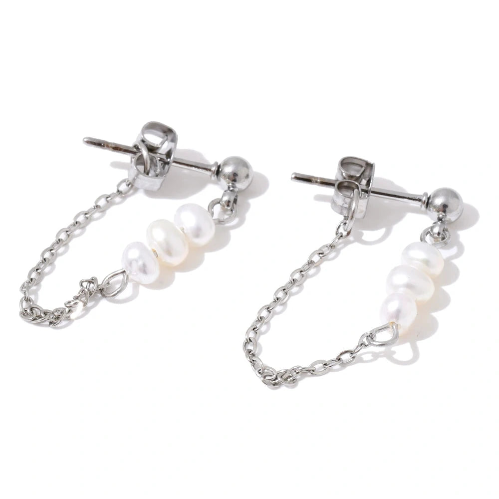 PoisedMe Yhpup 2025 Stainless Steel Natural Pearls Chain Tassel Drop Dangle Earrings for Women Popular Fashion Daily Korean Jewelry -