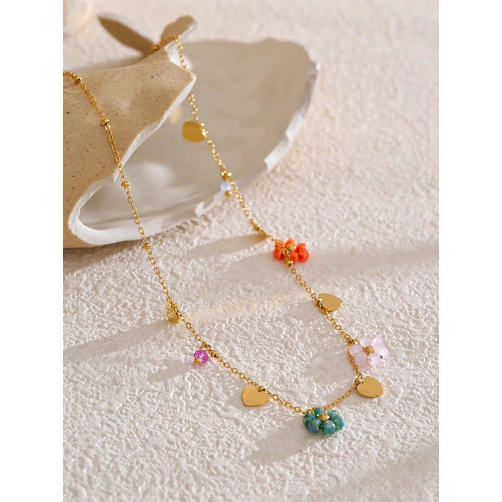 Summer Fashion Crystal Flower Pendant Necklace for Women Stainless Steel Handmade Cute Collar Jewelry 2025 Waterproof by PoisedMe