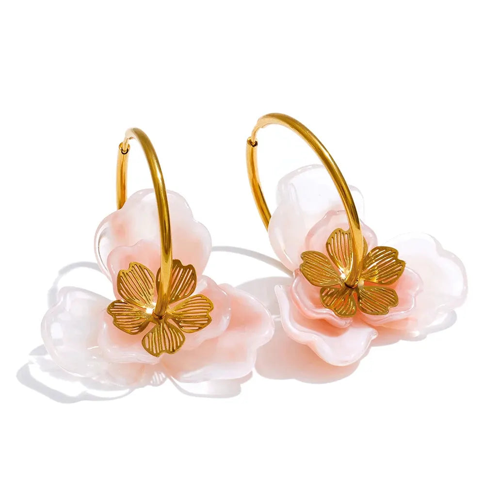 PoisedMe Exclusive Design Resin Flower Hoop Earrings for Women Stainless Steel Charming Jewelry Green Pink Purple White Brown Color -