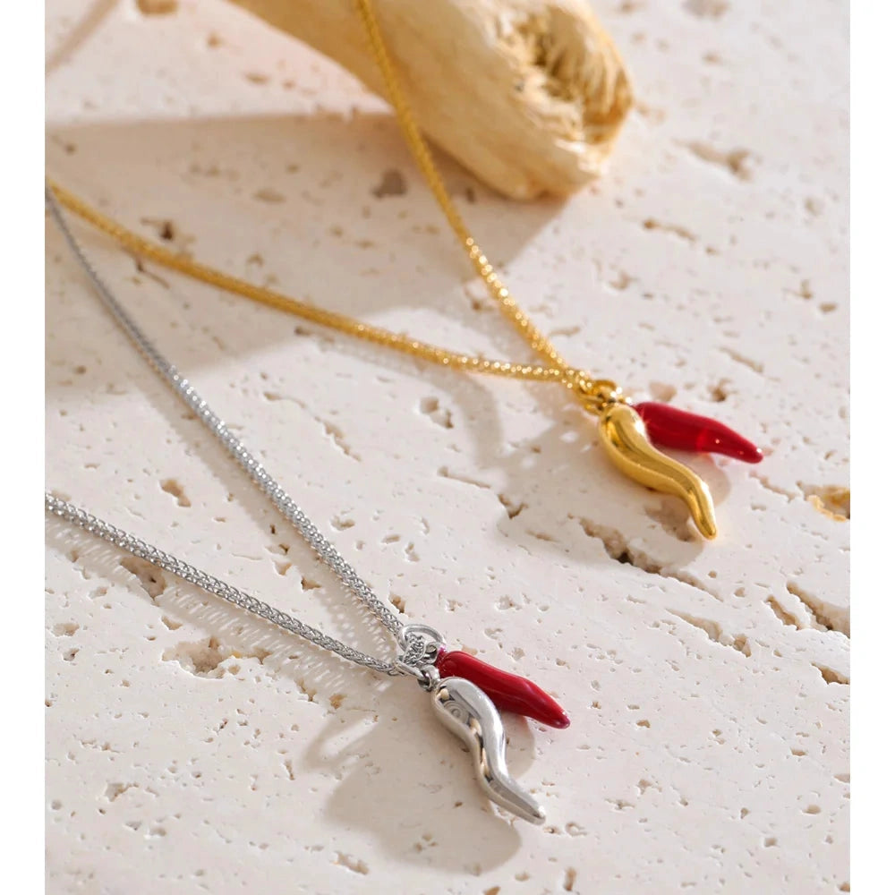 PoisedMe Yhpup Stainless Steel Enamel Red Chili Necklace Pendant Stylish Unique Chic Collar Jewelry Gold & Platinum PVD Plated Waterproof -
