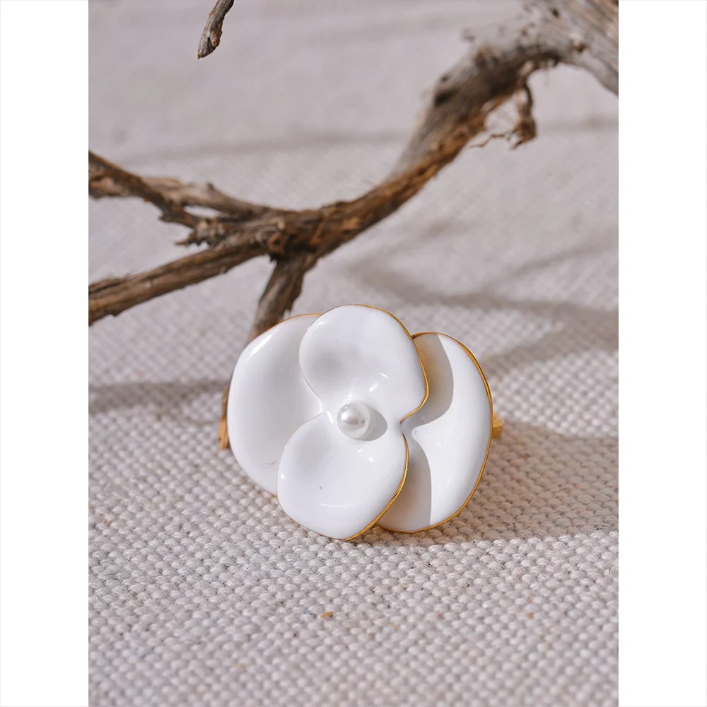 Exquisite White Enamel Flower Fashion Chic Adjustable Ring for Women Stainless Steel Waterproof Temperament Jewelry Gift by PoisedMe