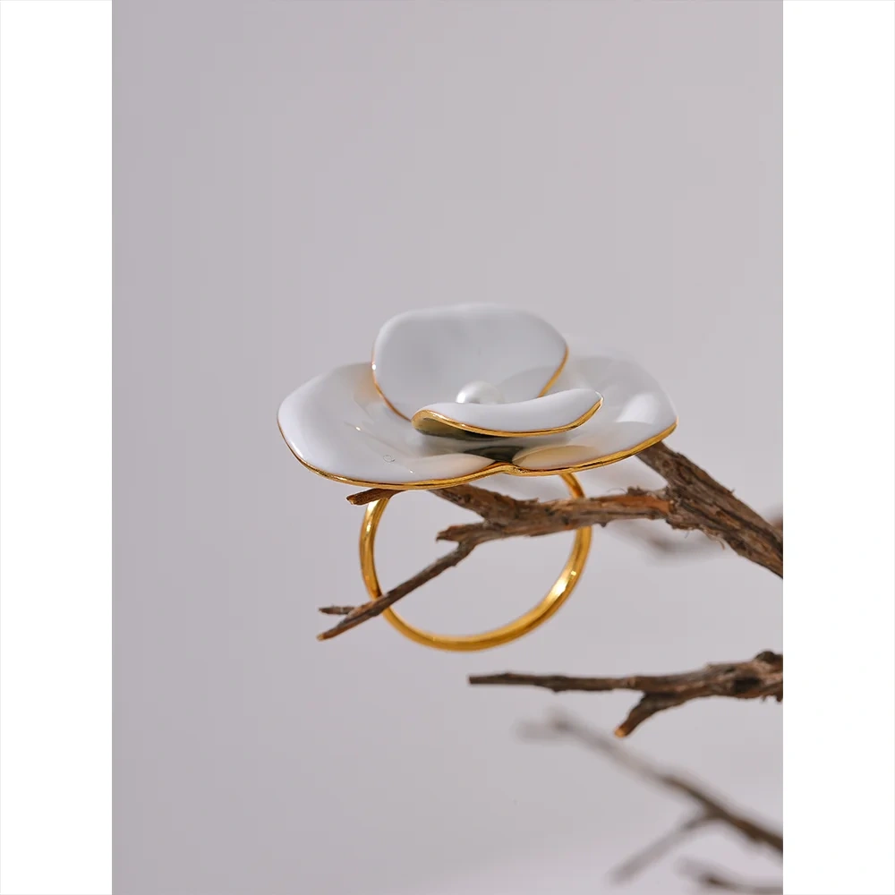 Exquisite White Enamel Flower Fashion Chic Adjustable Ring for Women Stainless Steel Waterproof Temperament Jewelry Gift by PoisedMe