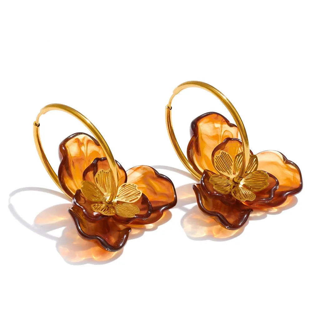 PoisedMe Exclusive Design Resin Flower Hoop Earrings for Women Stainless Steel Charming Jewelry Green Pink Purple White Brown Color -