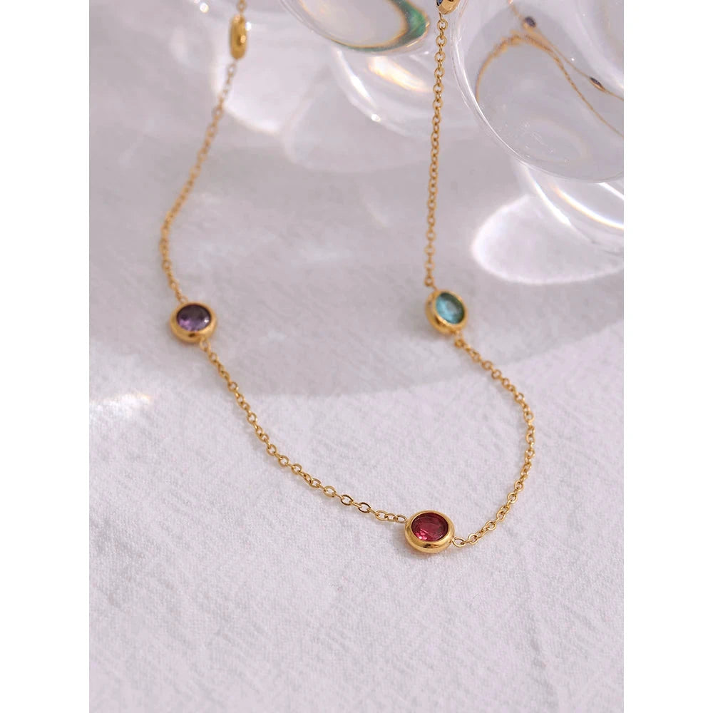 316L Stainless Steel Chain Necklace Delicate Colorful Cubic Zirconia Collar by PoisedMe