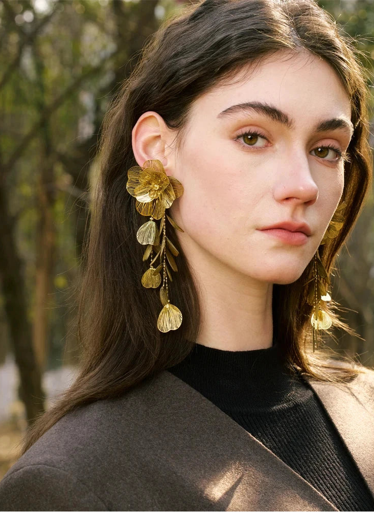 Stainless Steel Big Flower Tassel Drop Dangle Exaggerated Earrings Metal Fashion Eye-Catching Party Jewelry Hypoallergenic by PoisedMe