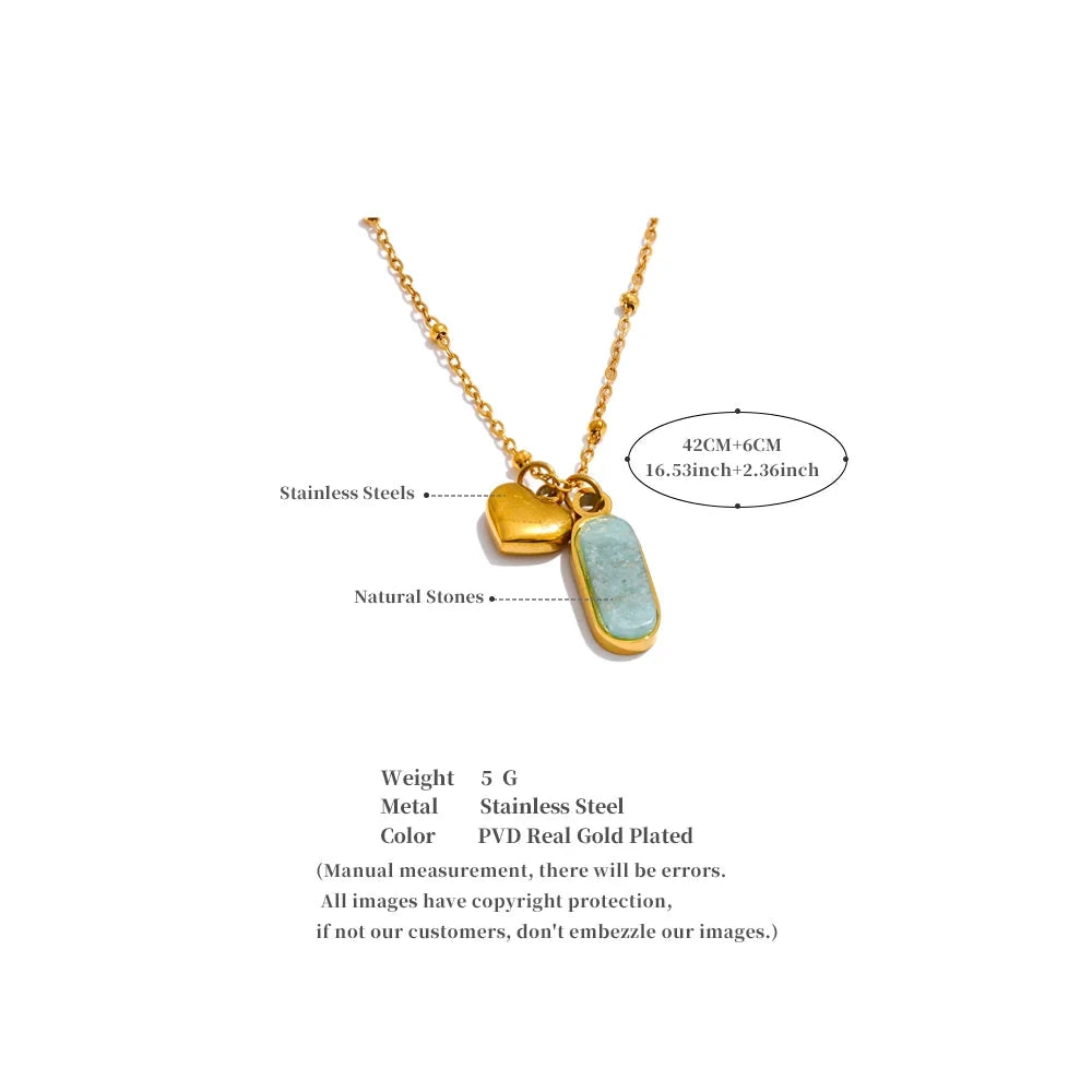 Popular Natural Amazonite Stone Heart Oval Drop Necklace Women Stainless Steel Polished Waterproof Fashion Jewelry Gift by PoisedMe