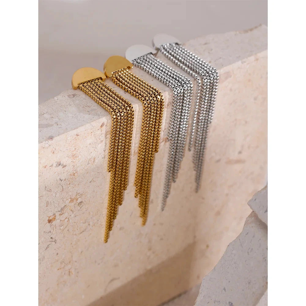 8K Gold &amp; Silver Long Tassel Earrings – Modern Dangle Jewelry by PoisedMe