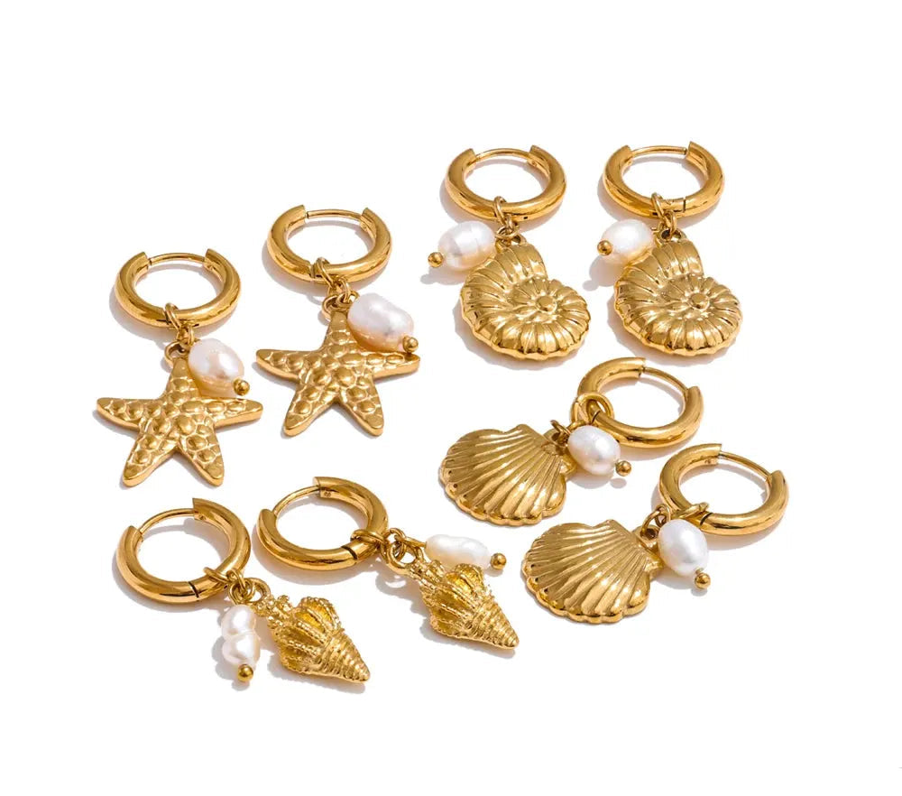 PoisedMe Ocean Style Natural Pearl Conch Shell Starfish Drop Summer Hoop Earrings for Women Stainless Steel Holiday Daily Jewelry -