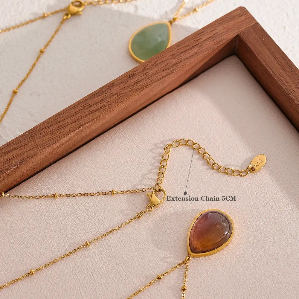 PoisedMe Water Drop Amethyst Green Aventurine Natural Stone Necklace Stainless Steel Fashion Charm Pendant Jewelry Tarnish Free -
