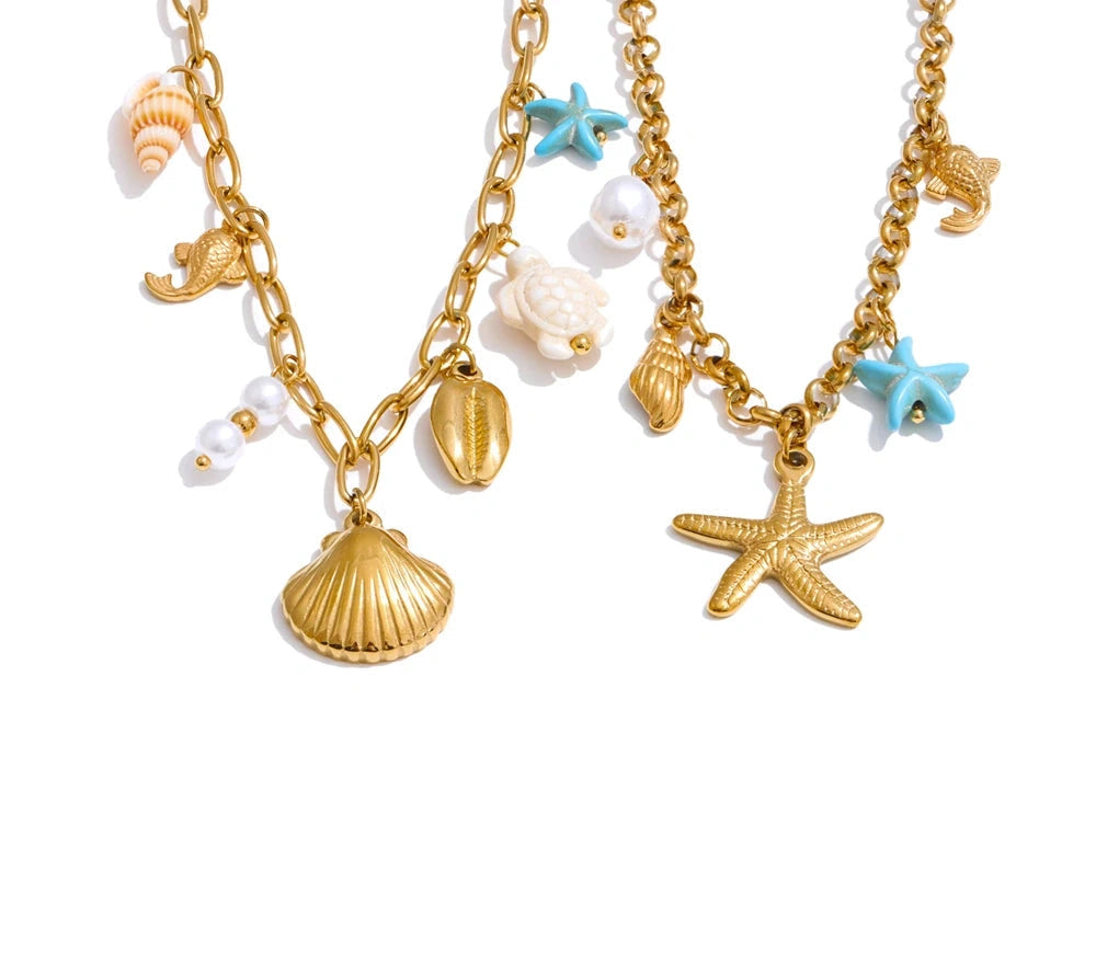 Ocean Style Starfish Shell Pendant Handmade Necklace Bracelet Summer Vacation Stainless Steel Jewelry Waterproof by PoisedMe