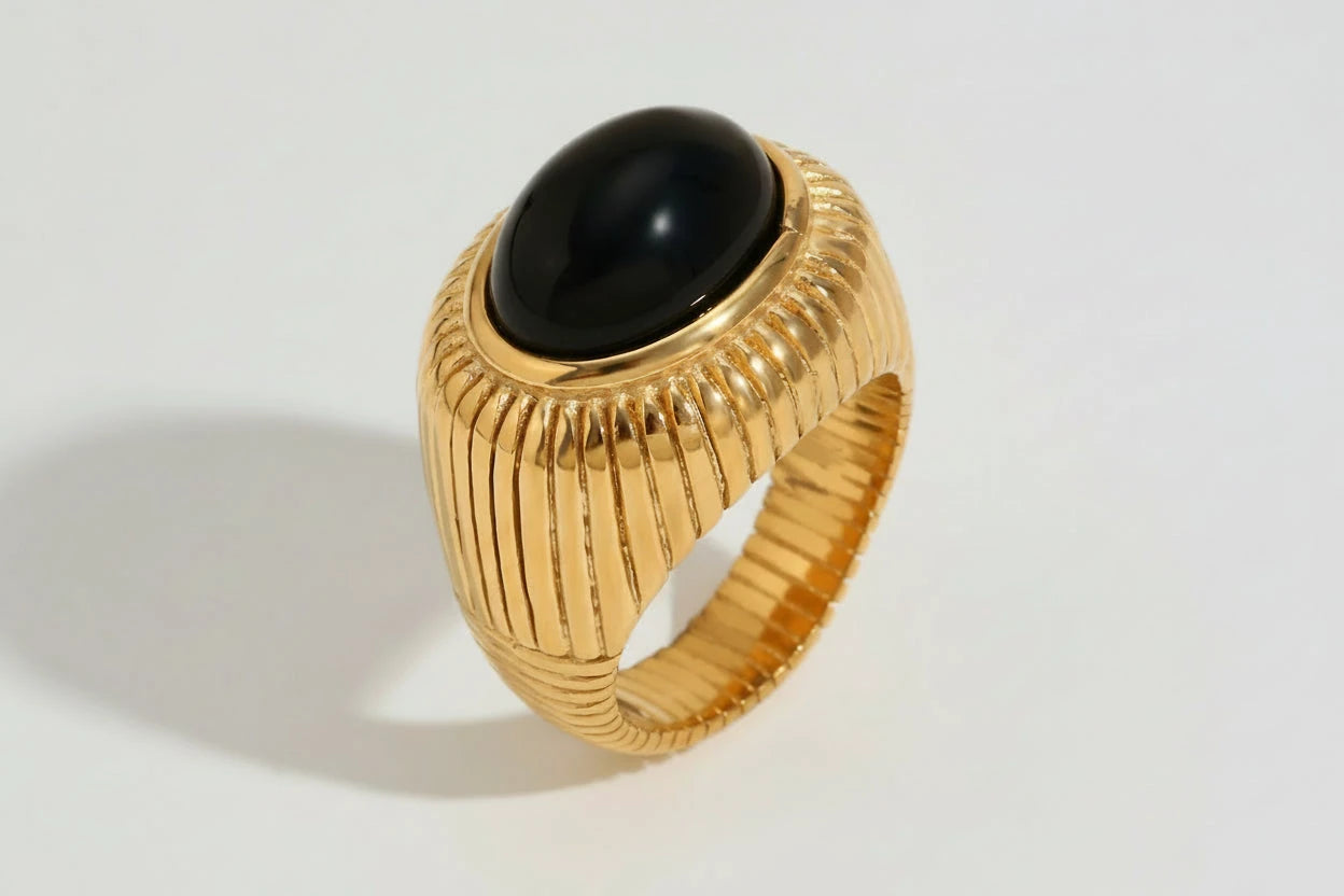 Vintage Oval Black Agate Stripes Rings Stainless Steel 18K Gold Plated Ring Woman Jewelry Women Finger Decoration by PoisedMe