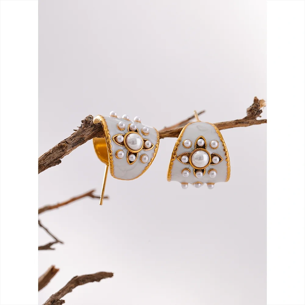 PoisedMe Exquisite Imitation Pearls White Enamel Metal Stainless Steel Flower Geometric Earrings Chic Daily Fashion Jewelry New -