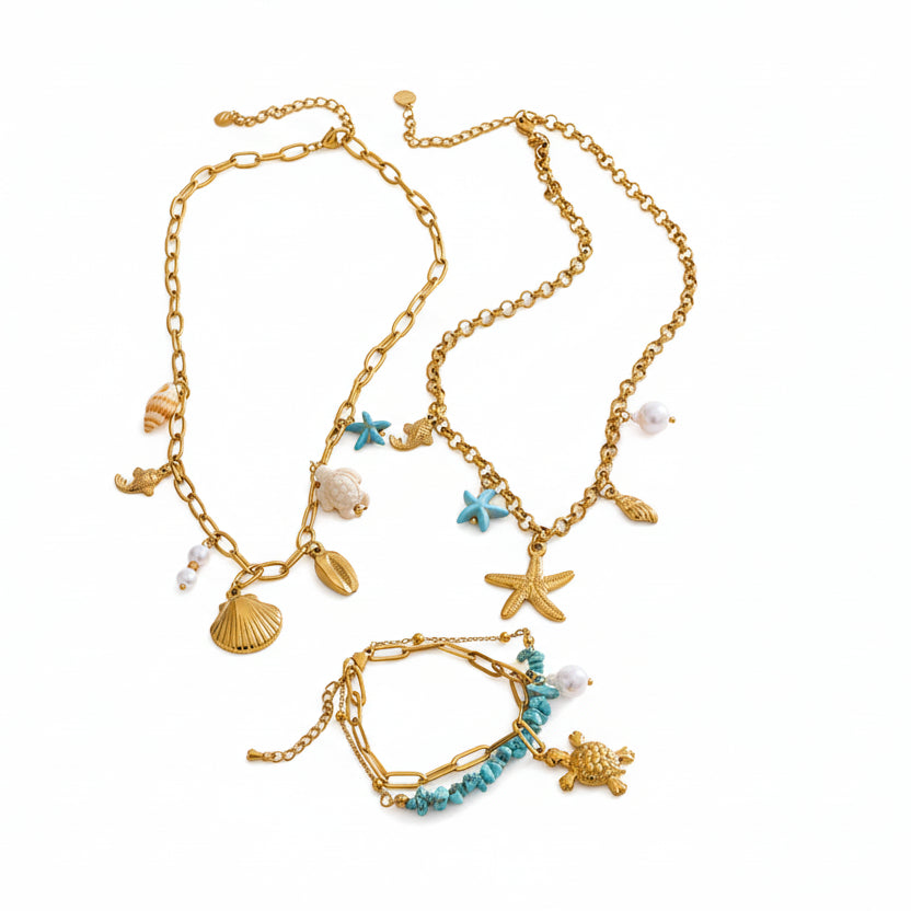 Ocean Style Starfish Shell Pendant Handmade Necklace Bracelet Summer Vacation Stainless Steel Jewelry Waterproof by PoisedMe
