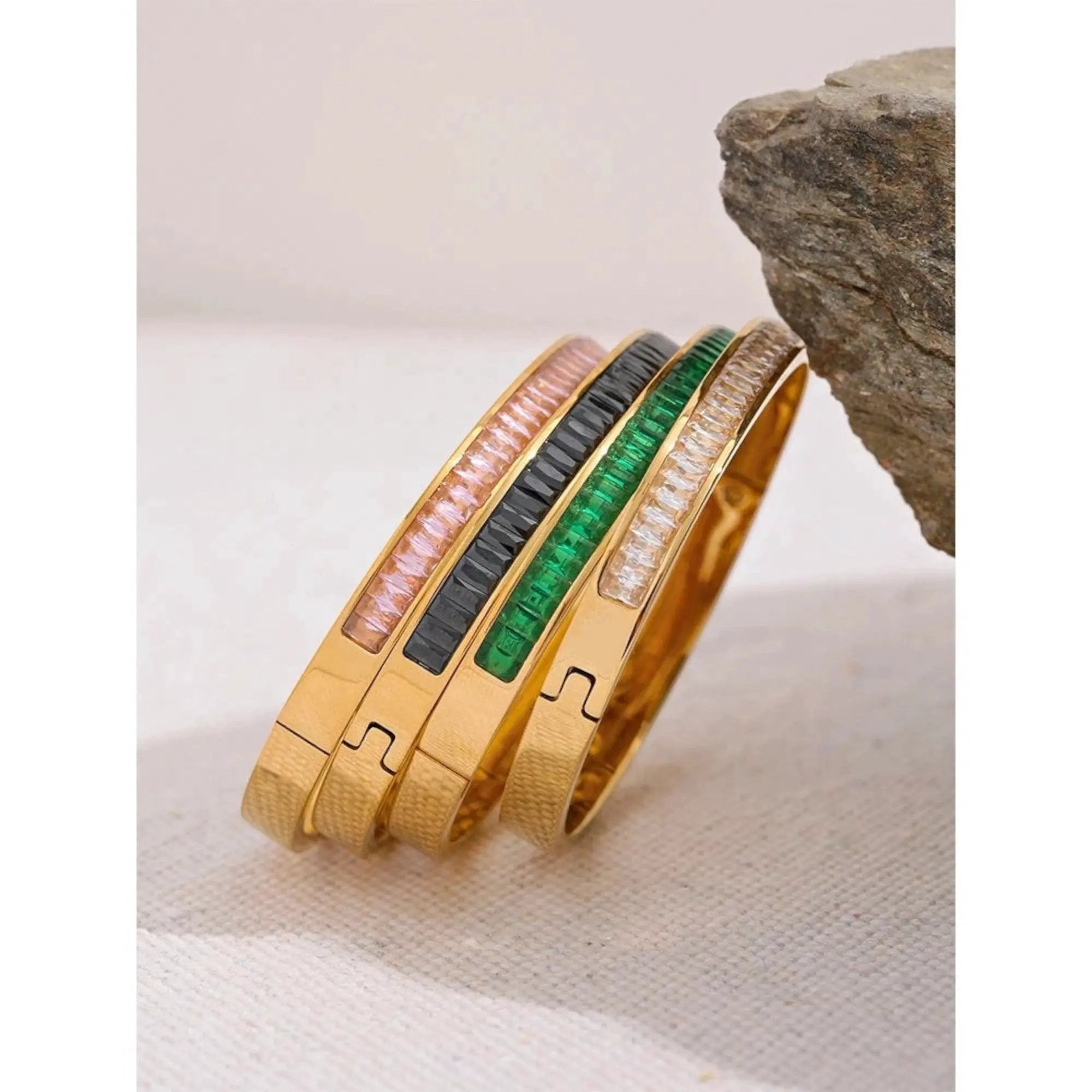 PoisedMe Emerald Green Cubic Zirconia Bangle Bracelet For Women 18K Gold Plated Steel - Bracelets