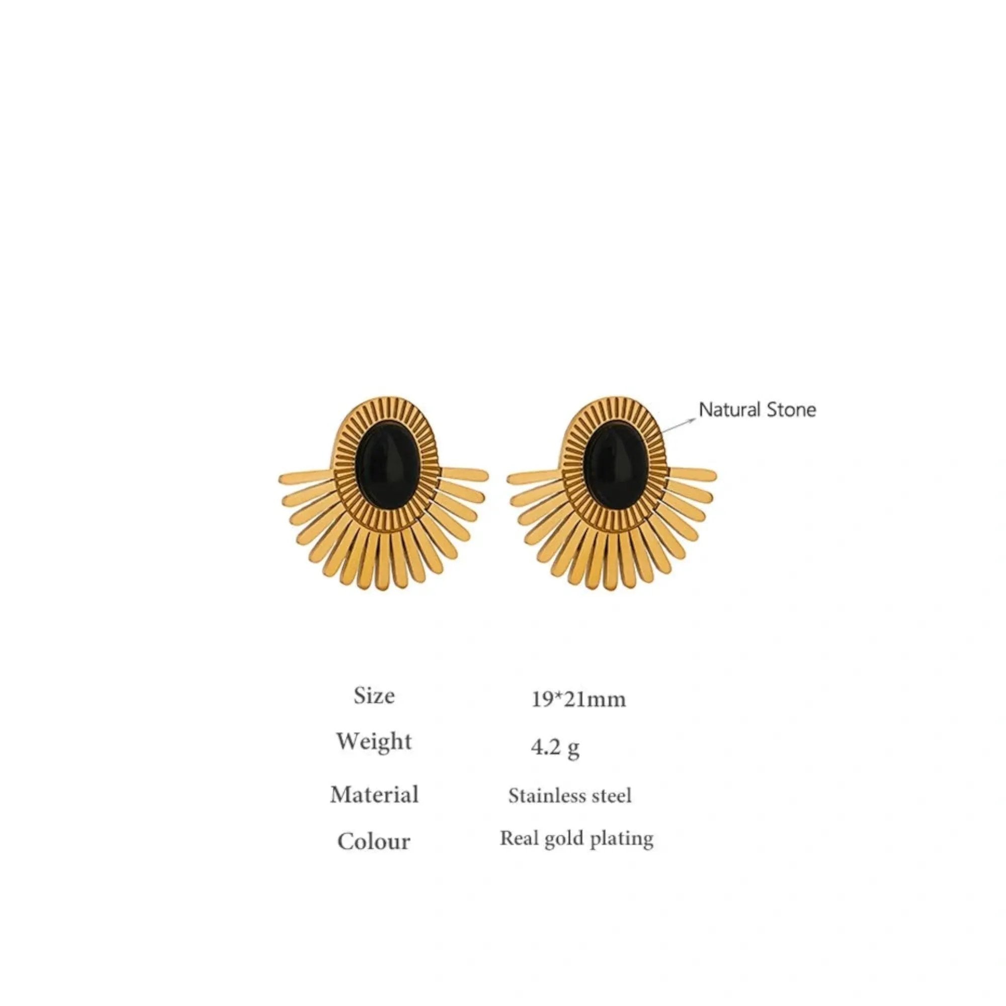 PoisedMe Gold Tone Sunburst Clip Earrings With Green Malachite Stone Statement Jewelry - Earrings