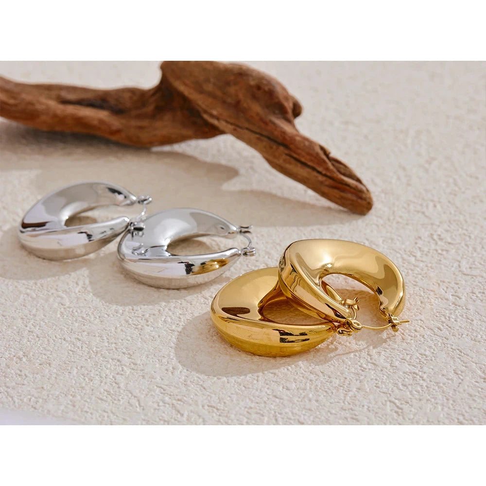 High Quality Minimalist Sleek Stainless Steel Metal Round Hollow Hoop Earrings for Women Water Resistant Jewelry by PoisedMe