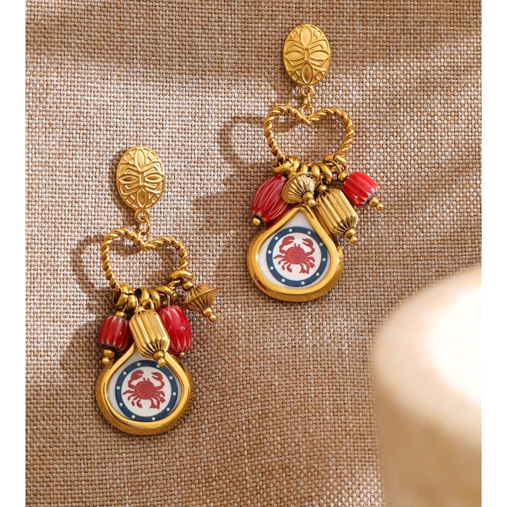 Stainless Steel Heart Enamel Crab Drop Earrings 18K Golden PVD Plated 2026 Exclusive Design Ceramics Charm Ear Jewelry by PoisedMe