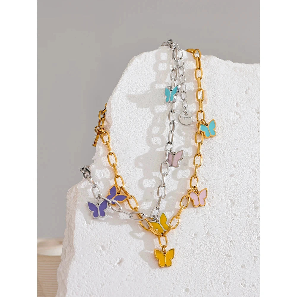 PoisedMe Summer Stainless Steel Enamel Butterfly Drop Chain Anklet for Women Waterproof 18K PVD Plated Fashion Jewelry -