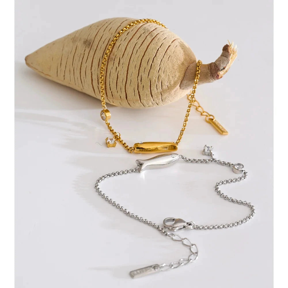 Stainless Steel Zirconia Fish Chain Bracelet Bangle Waterproof PVD Plated Ocean Series Summer Fashion Thin Jewelry by PoisedMe