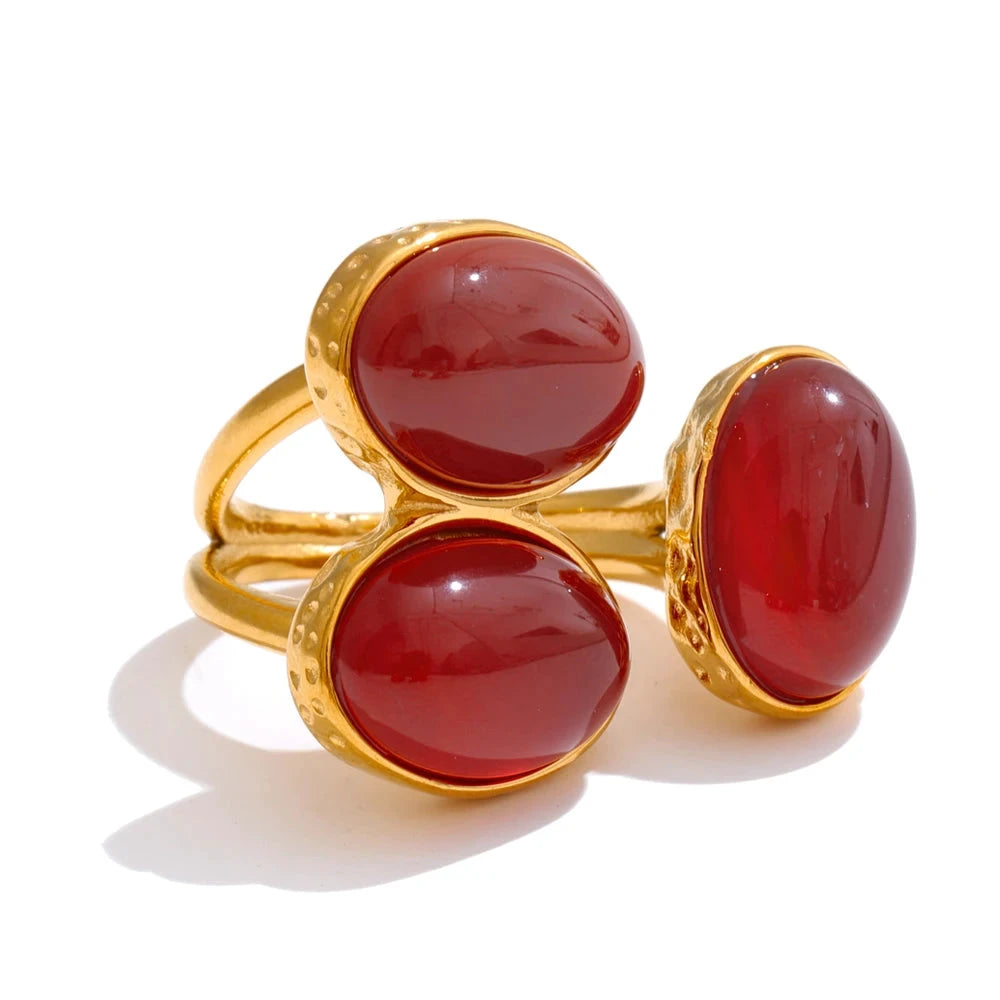 Natural Aventurine Agate Shell Pearl Flower Adjustable Stainless Steel Ring by PoisedMe