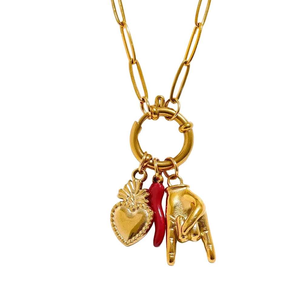 316L Stainless Steel Palm Red Chili Heart Charm Pendant Necklace For Women by PoisedMe