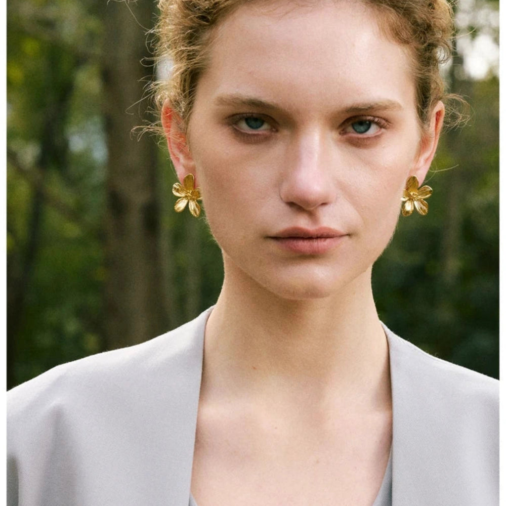 PoisedMe Yhpup Hot Style Stainless Steel Metal Flower Daily Stud Earrings Prevent Allergy Texture Versatile Trending Jewelry Recommend -