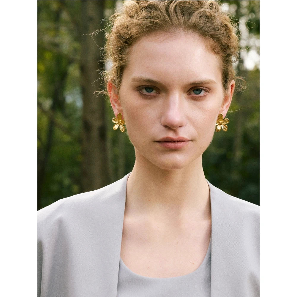 PoisedMe Yhpup Hot Style Stainless Steel Metal Flower Daily Stud Earrings Prevent Allergy Texture Versatile Trending Jewelry Recommend -