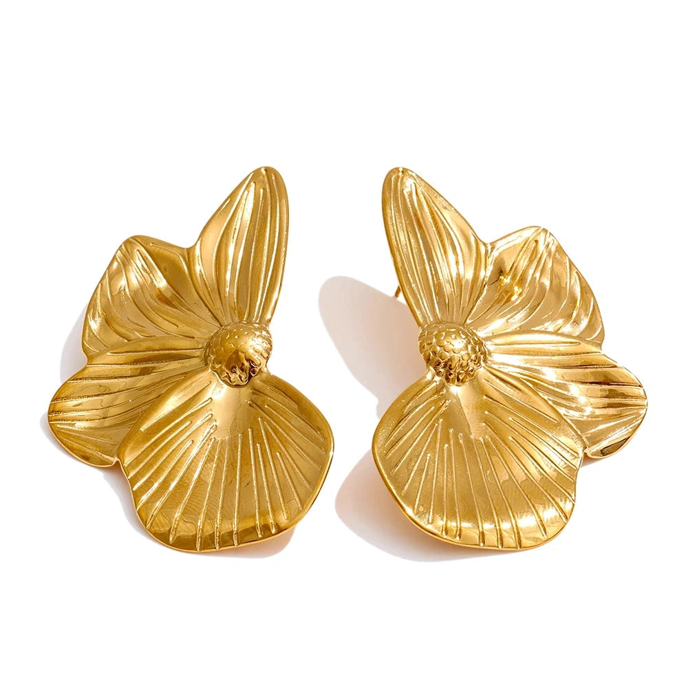 Stainless Steel Metal Petal Flower Stud Earrings 18K PVD Plated Versatile Daily Attractive Jewelry for Women Gift by PoisedMe