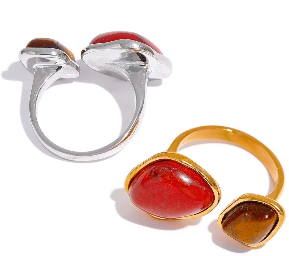 Vintage Natural Stone Geometric PVD Gold Plated Stainless Steel Boho Ring Charm WaterProof Women Finger Jewelry кольцо by PoisedMe