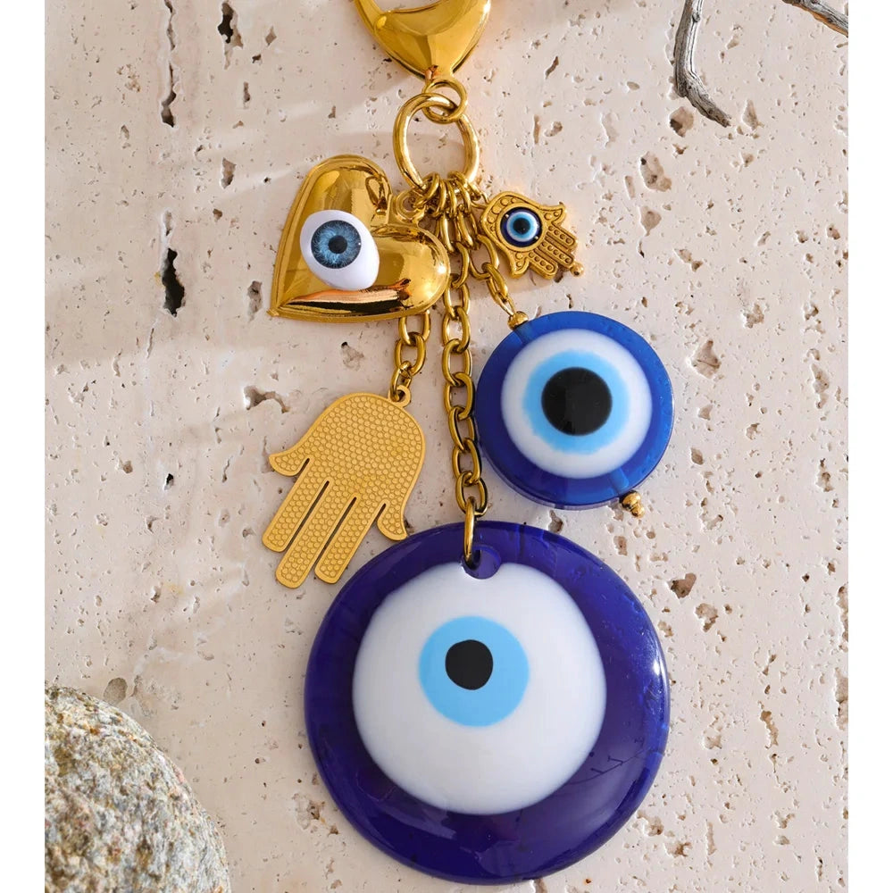 Stylish Unique Blue Resin Round Eye Palm Chain Pendant keychain 18K Golden Plated Stainless Steel Decoration Jewelry by PoisedMe