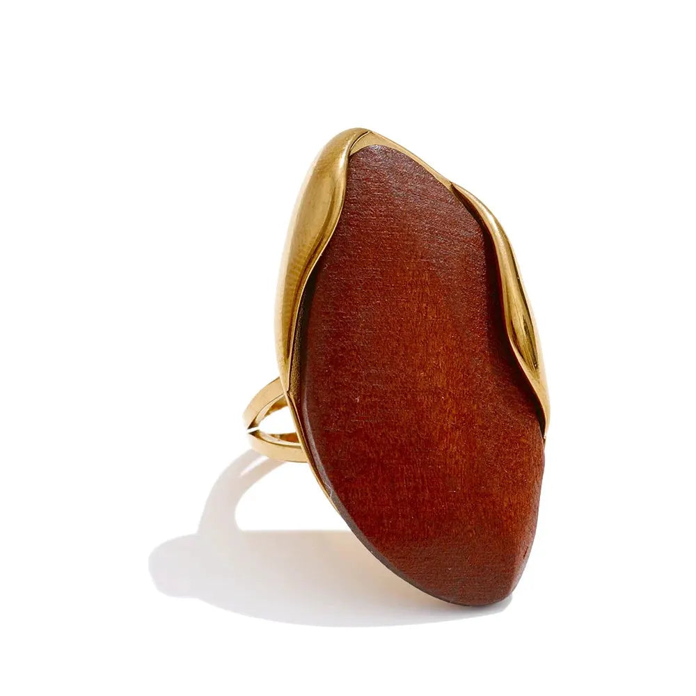 PoisedMe Brown Green Beige Resin Geometric Adjustable Ring Golden PVD Stainless Steel Rust Proof Finger Jewelry Gift -