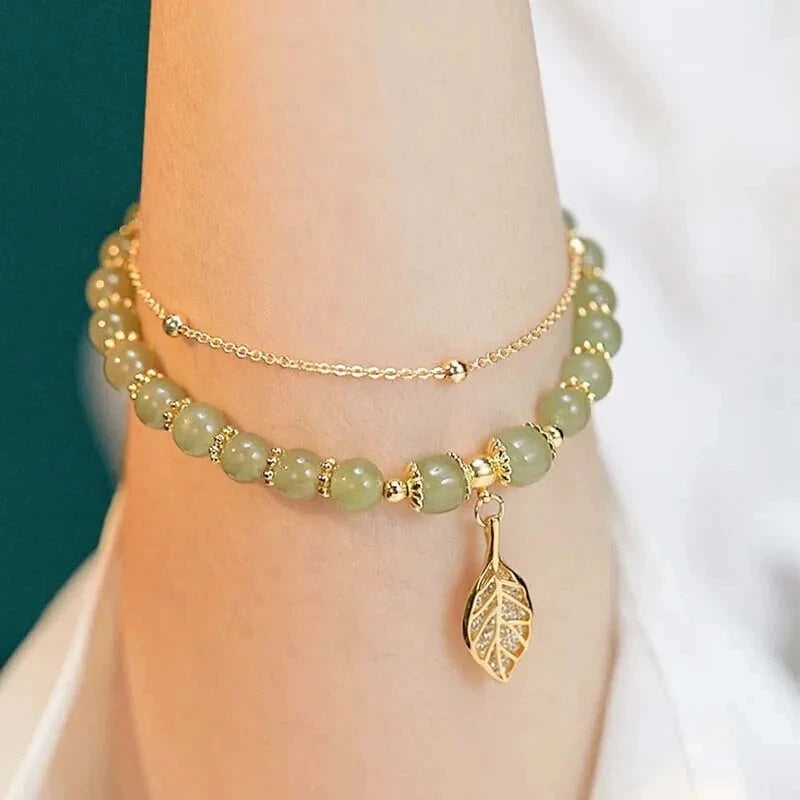 Chinese Style Green Jade Bracelet For Women Exquisite Gold Color Leaves Wrist Strap Bangle Double Chain Bracelet Girls Gifts by PoisedMe