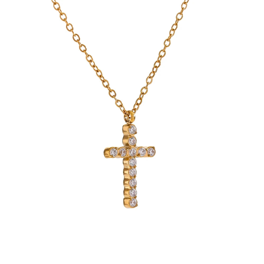 Cubic Zirconia Gold Cross Necklace | Stainless Steel Water-Resistant Pendant Jewelry by PoisedMe