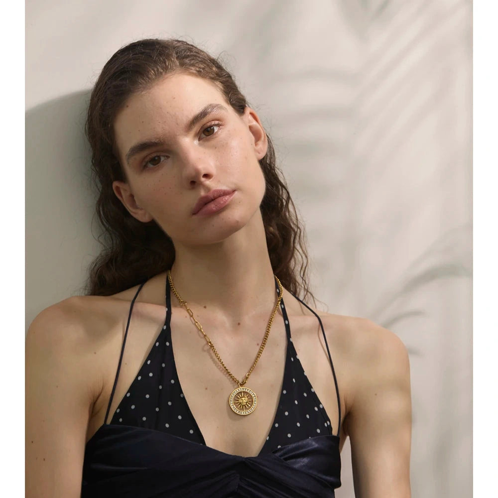 Hot Style Zirconia Round Sun Hollow Pendant Necklace 18K Gold Color Stainless Steel Exquisite Premium Jewelry Gift by PoisedMe