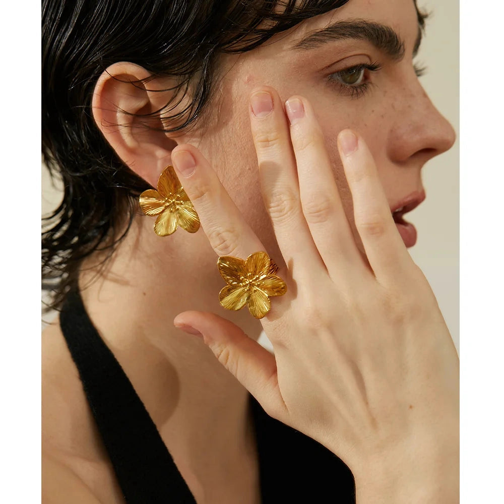 Waterproof 18K Gold Color Stainless Steel Flower Big Open Ring for Women Trendy Fashion Party Summer Statement Jewelry by PoisedMe