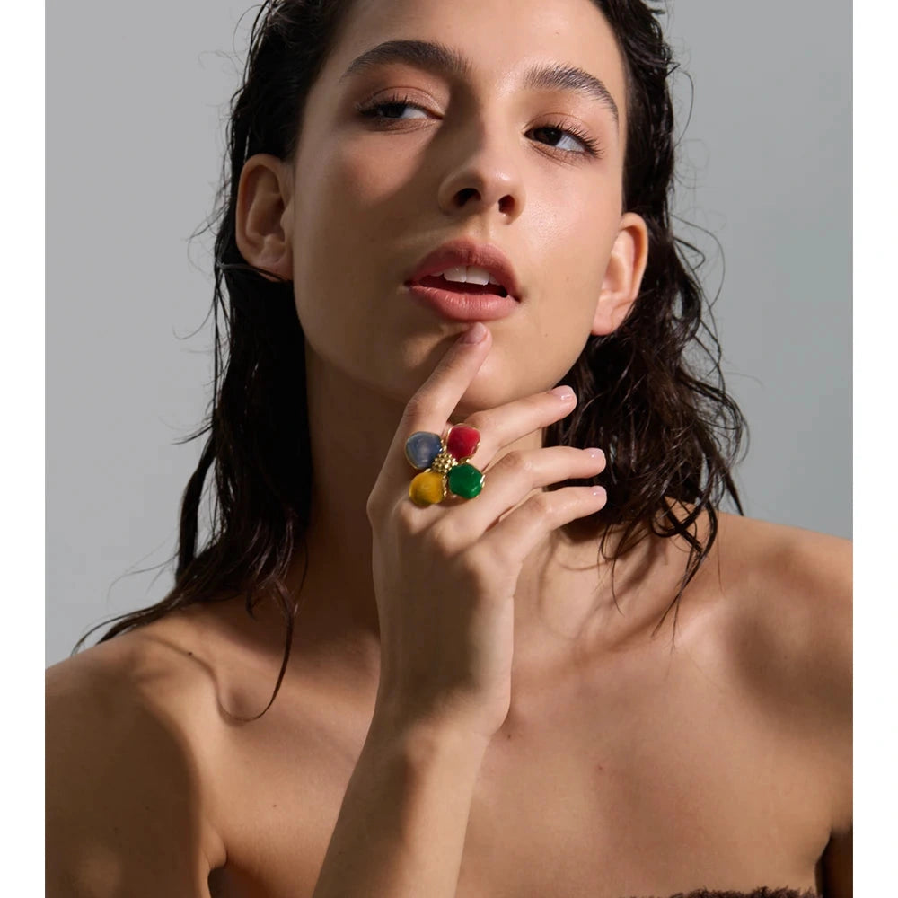 Colorful Metal Flower Petal Charm Open Adjustable Ring for Women Stainless Steel Trendy Cheap Finger Jewelry by PoisedMe