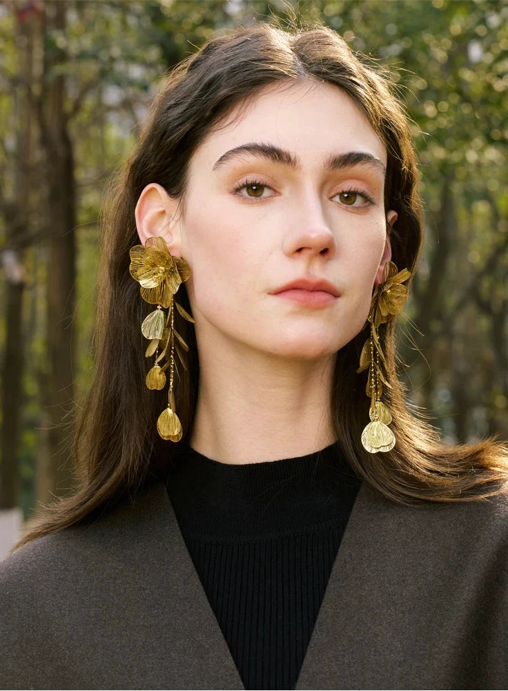 Stainless Steel Big Flower Tassel Drop Dangle Exaggerated Earrings Metal Fashion Eye-Catching Party Jewelry Hypoallergenic by PoisedMe