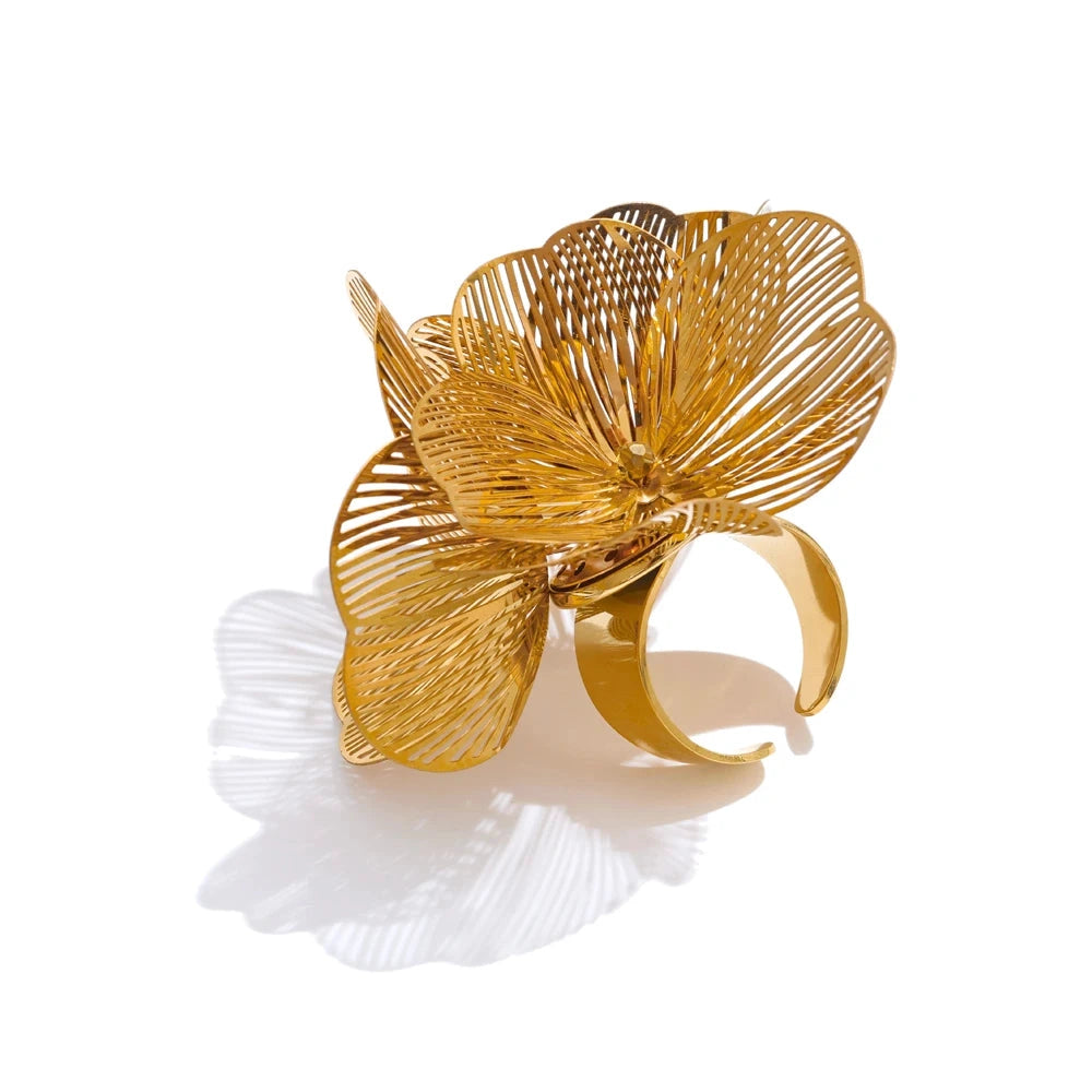 Exclusive Stainless Steel Metal Flower Adjustable Ring Women Hyperbole Personality Fashion Finger Jewelry Gift PVD Plated by PoisedMe