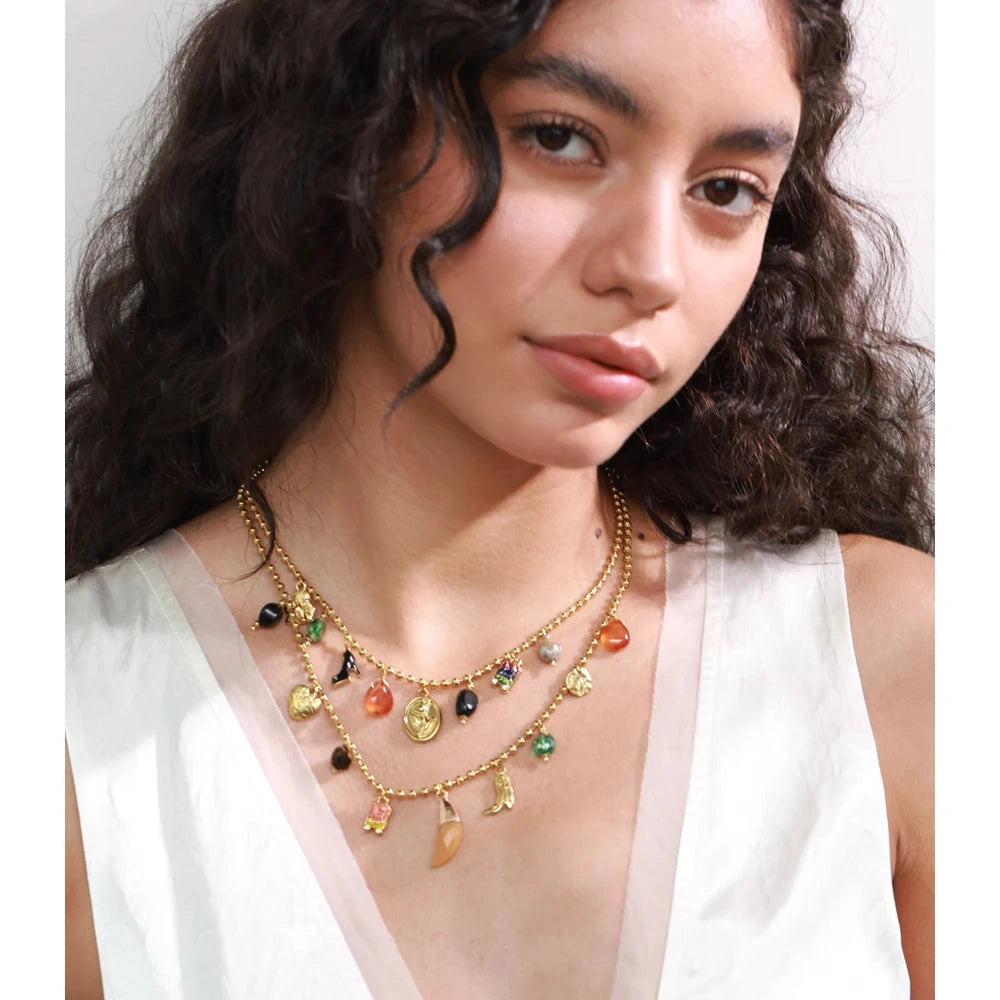 PoisedMe Resin Acrylic Stone Heart Flower High Heels Drop Charms Necklace Stylish Unique Stainless Steel Double-Layer Chain Jewelry -