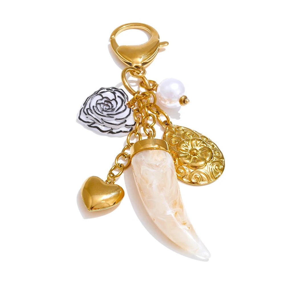 Fashion Resin Flower Heart Horn Chain Pendant Key Chain for Women Stainless Steel Lanyard Key Ring Bag Accessories by PoisedMe