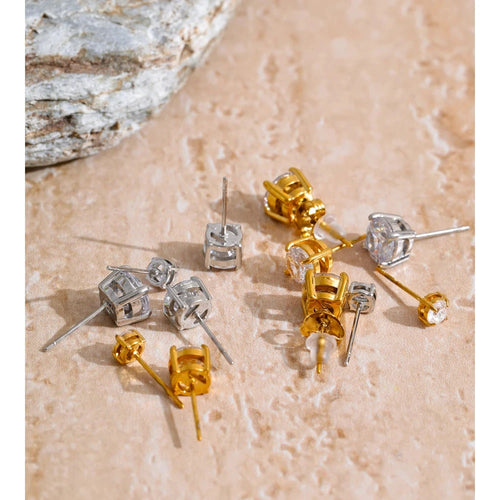 1 Set Cubic Zirconia Stud Earring Set – Premium Stainless Steel Round Cut Earrings in Gold &amp; Silver by PoisedMe