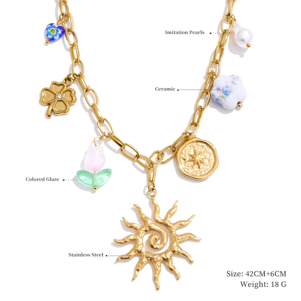 Poised Me Jewelry Studio Trendy Sun Ocean Charm Pendant Handmade Jewelry Golden Waterproof PVD Plated Stainless Steel Summer Jewelry