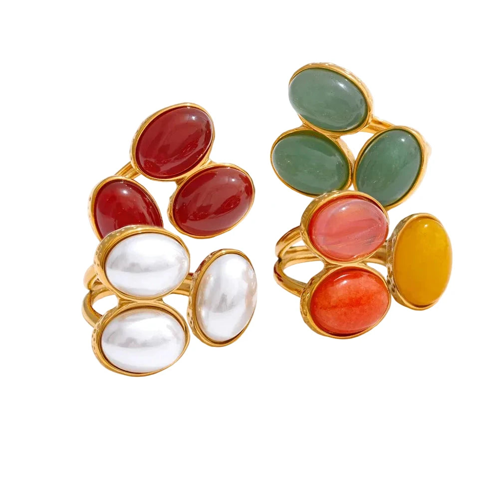 Natural Aventurine Agate Shell Pearl Flower Adjustable Stainless Steel Ring by PoisedMe