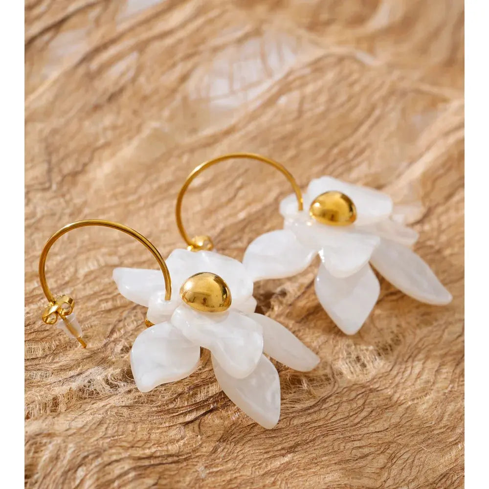 PoisedMe Mutil-color Acrylic Flower Petal Drop Earrings Stainless Steel Golden Young Charming Jewelry Waterproof -