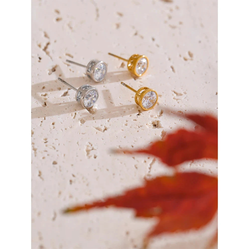 High-Grade AAA Shiny Cubic Zirconia Round Stud Earrings Luxury Stainless Steel Daily Premium Jewelry Accessories by PoisedMe