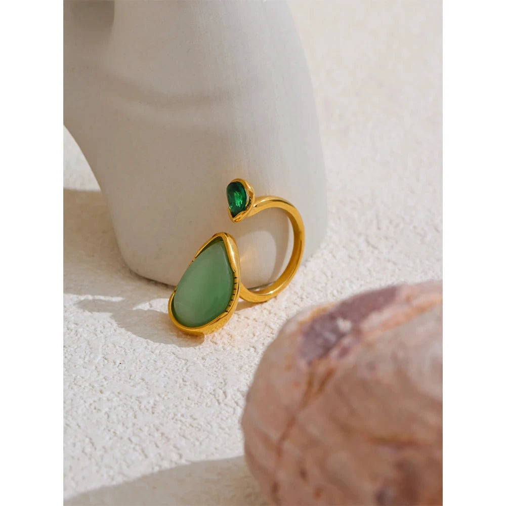 Green Natural Stone Zirconia Water Drop Geometric Golden Ring for Women Stainless Steel Stylish Jewelry Gift by PoisedMe